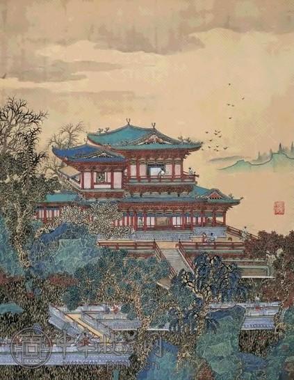 黄秋园 楼阁 镜心 设色绢本