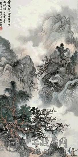 朱梅邨 1947年 临流赋诗图 镜片 纸本设色