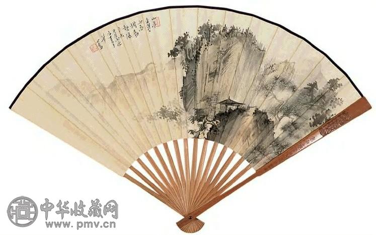 溥儒 辛未(1931年)作 山亭暮雨图 成扇 设色绢本