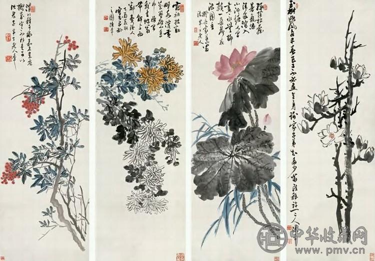陈半丁 乙酉(1945年)作 四时花卉(4幅) 镜心 设色纸本
