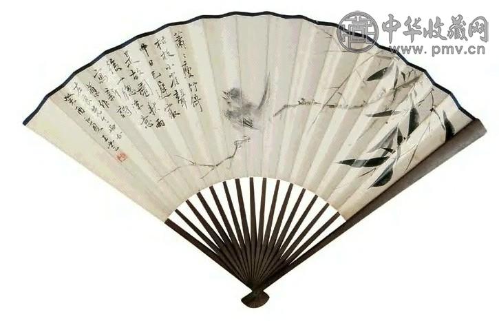 陶云 竹鸟 书法 扇面 纸本