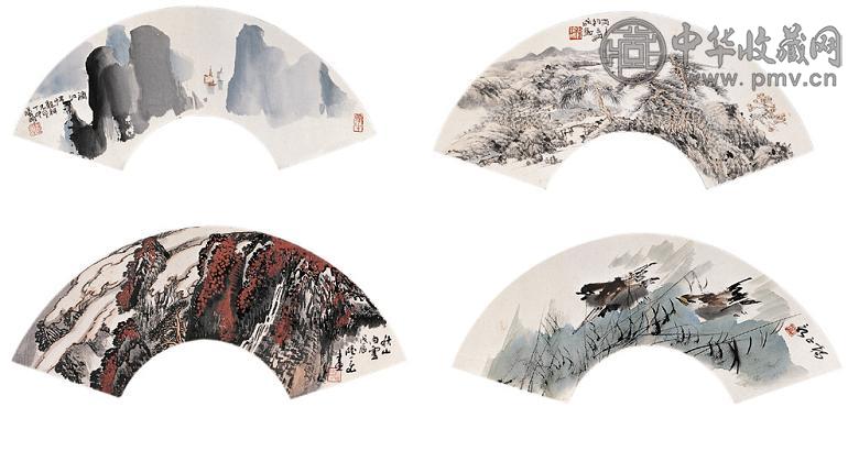 刘铜成 杨正新 林曦明等 人物 山水 花鸟 动物扇形 册页(12开选4) 设色纸本