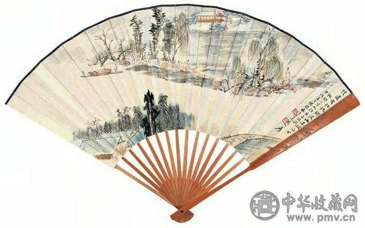 张大千 1934年作 溪边曳杖图 扇面 设色纸本