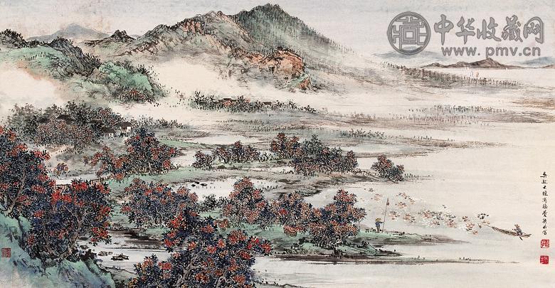 吴琴木 陈涓隐 费新我 春山沉暮图 镜心 设色纸本