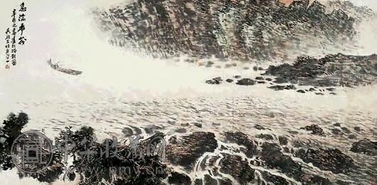 吴养木 急湍飞筏 横幅 设色纸本