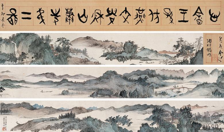 溥心畬 秋山萧寺图 手卷 设色纸本