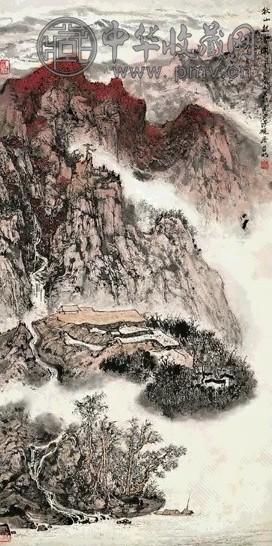 近现代 亚明 秋山起云图 轴