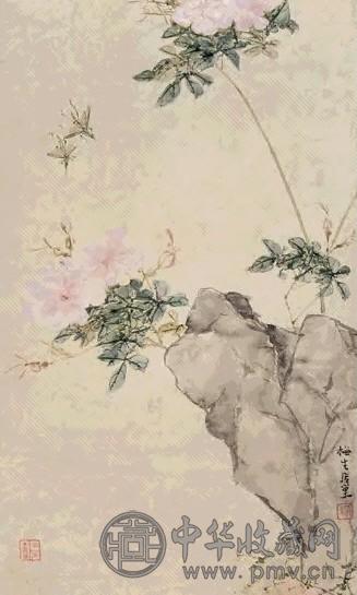 居巢 月季蚱蜢 立轴 设色纸本