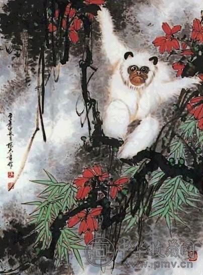 陈大章 红叶仙猿图 镜心