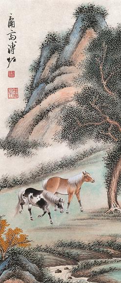 溥佐 春山双骏 立轴 设色纸本