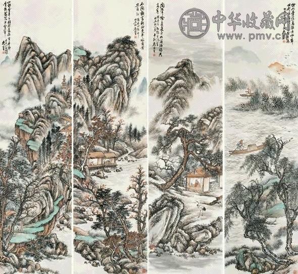 袁培基 烟水苍茫 四屏 设色纸本