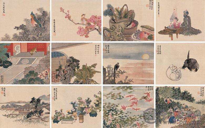 沙馥 花鸟 人物 山水三挖 四屏 设色绢本