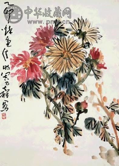 近现代 周昌谷 花卉 镜片(带框)