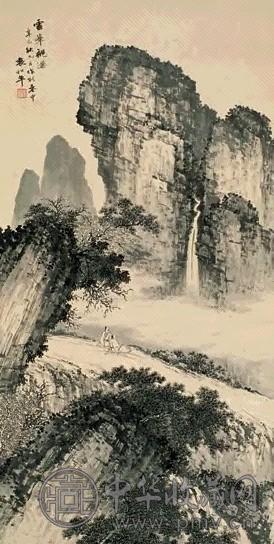 袁松年 辛巳(1941年)作 云峰观瀑 镜心 水墨纸本