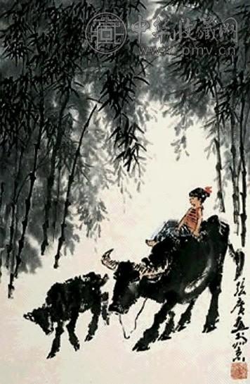 张广 牧牛图 立轴 设色纸本