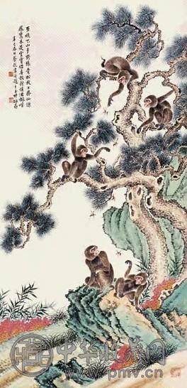 蔡铣 辛巳(1941年)作 松猿图 立轴 设色纸本