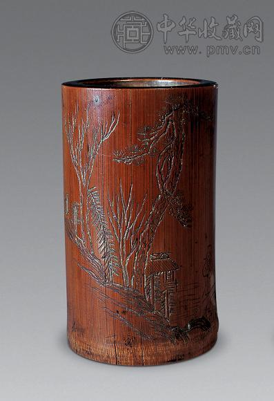 近代 丰子恺刻诗园竹笔筒