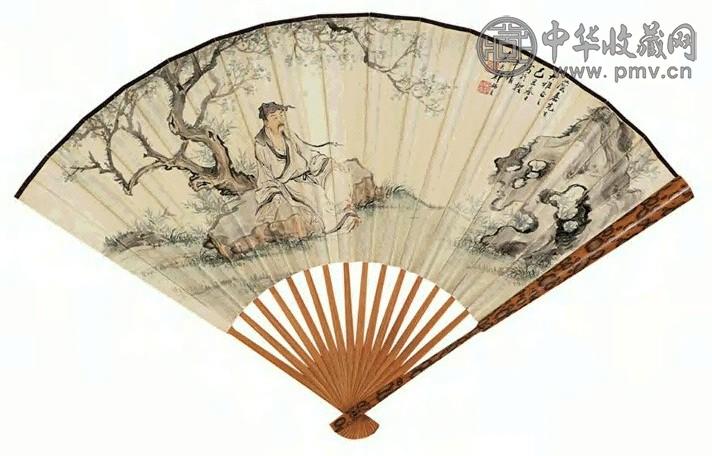 近现代 郑慕康 高士赏石图 扇面