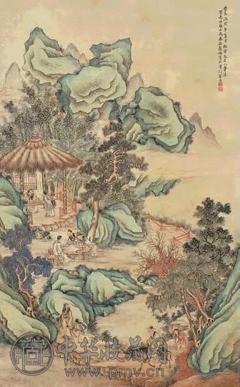 彭旸 丙寅(1926年)作 拟仇英山水 立轴 设色绢本