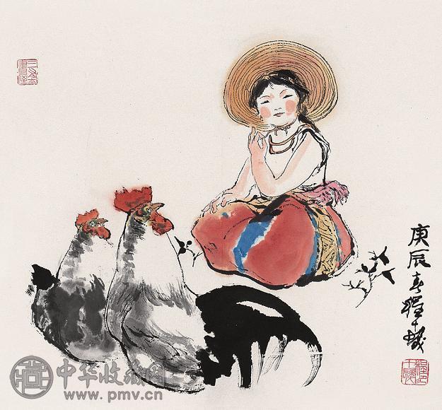 程十发 2000年作 大吉少女 镜心 设色纸本