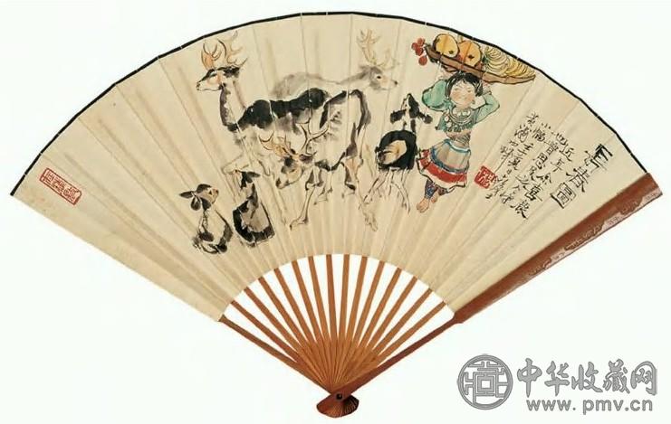 程十发 长春图 扇面 设色纸本