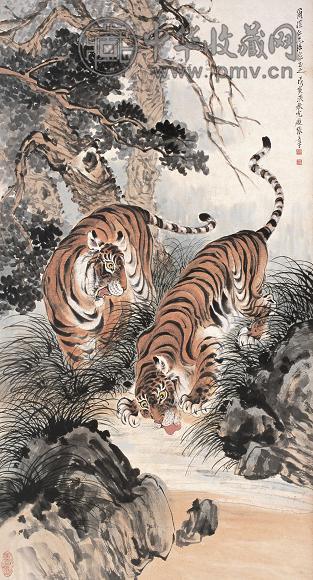 张善孖 双虎图 立轴 设色纸本