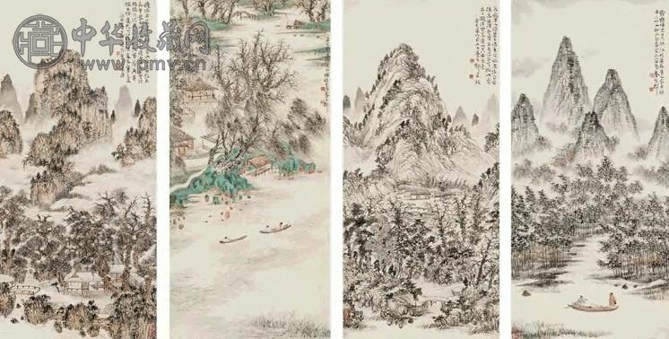 秦古柳 辛巳(1941年)作 山水 四屏 设色纸本