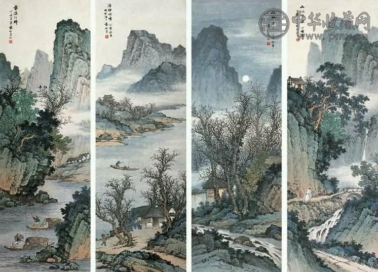 袁松年 1947年 四季山水 四屏 纸本设色