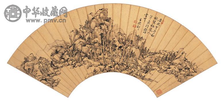 王原祁 1714年作 仿梅道人笔意山水 扇面 水墨金笺
