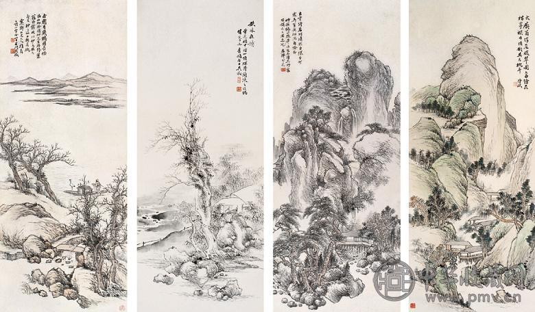 吴徵 己酉(1909年)作 山水 四屏 设色纸本