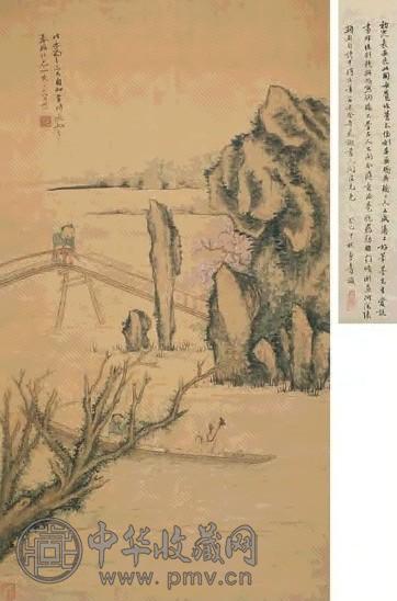 张问陶 丁卯(1807年)作 桃溪放棹 立轴 设色绢本