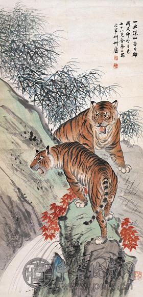 金梦石 双虎图 立轴 设色纸本