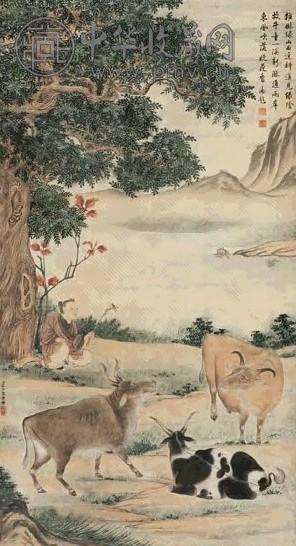 郎世宁 绿阴牧牛图 附乾隆题跋 轴 设色绢本