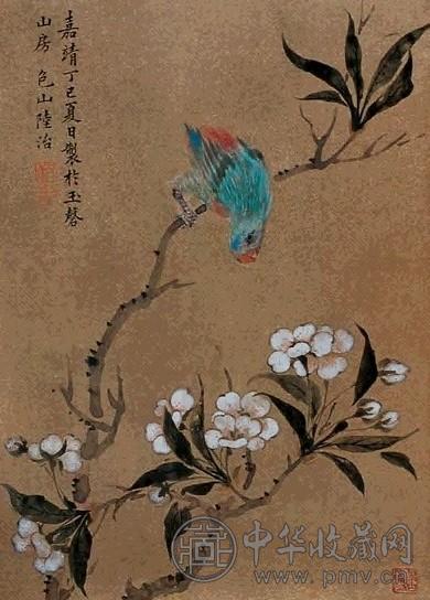 陆治 花鸟 镜片 设色金笺