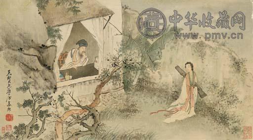 苏六朋 月夜携琴 镜心 设色绢本