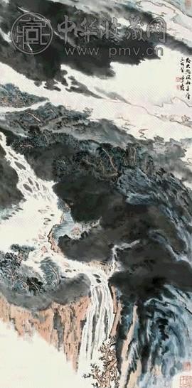 陆俨少 1983年 匡庐风雨 立轴 设色纸本