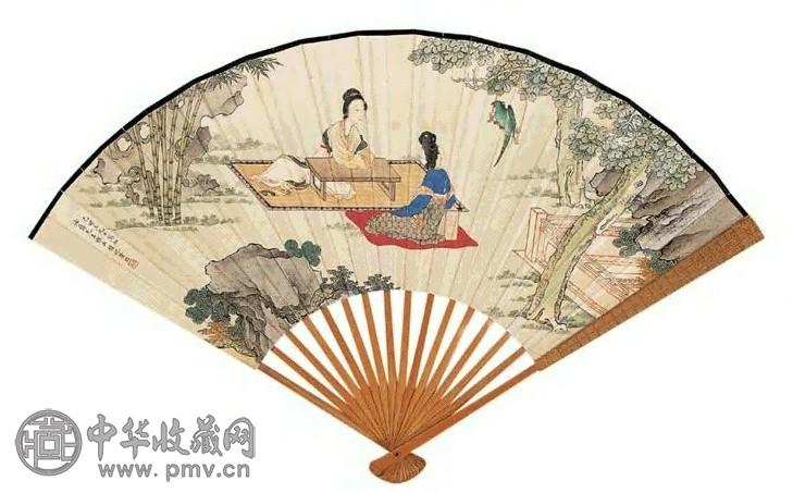 黄均 己卯(1939) 戏鹦图 扇面 设色纸本