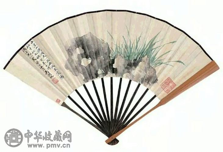 吴湖帆 1953年作 拳石 书法 扇面 设色纸本