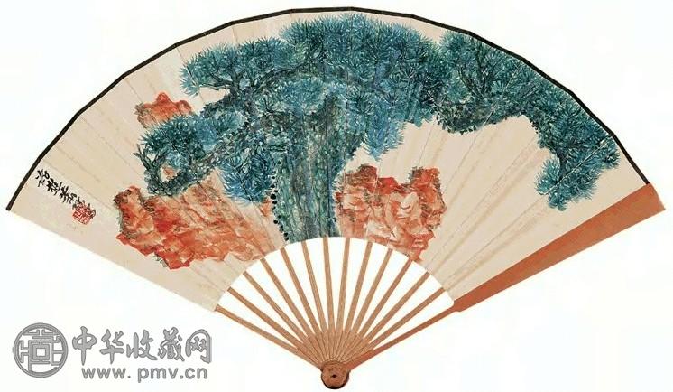 萧谦中 松石 成扇 设色纸本