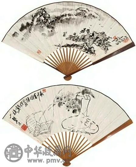 吴山明 1991年作 花卉人物 四件 扇面 水墨纸本