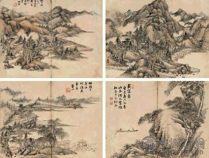 王惟馨 壬午(1822年)作 山水 册页(8开) 设色纸本、水墨纸本