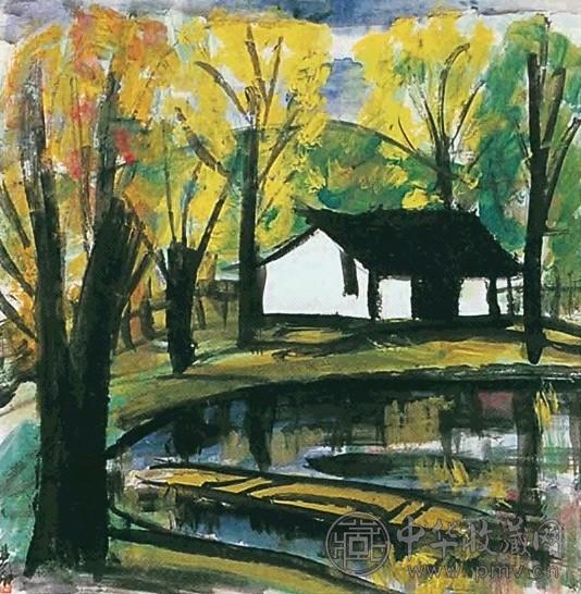 林风眠 春塘白屋 镜心 设色纸本