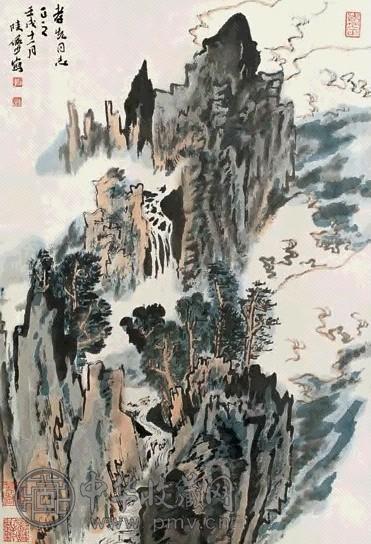 陆俨少 春山飞泉 镜心 设色纸本