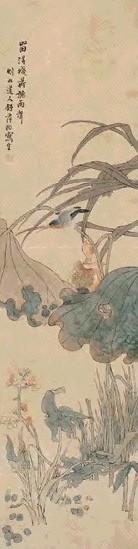 舒浩 荷塘翠鸟 立轴 设色纸本