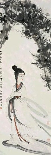 傅抱石 1945年作 松荫仕女 立轴 设色纸本