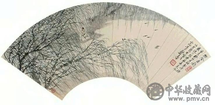 郑午昌 丙戌(1946年)作 柳阴垂钓图 扇面 设色纸本