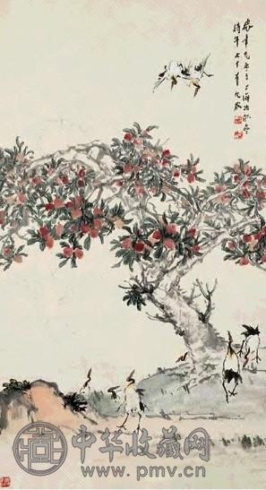 张聿光 仙鹤桃树 立轴