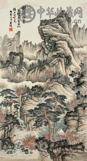 萧谦中 丙寅(1926年)作 秋岭归云 镜心 设色纸本