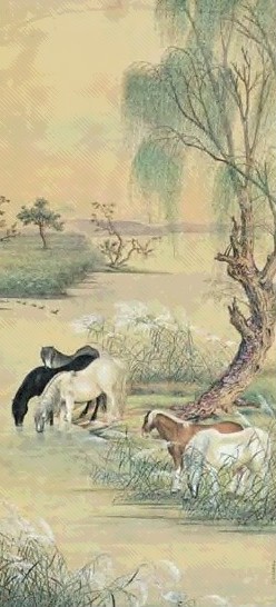 郎世宁 柳荫五骏 立轴 设色绢本