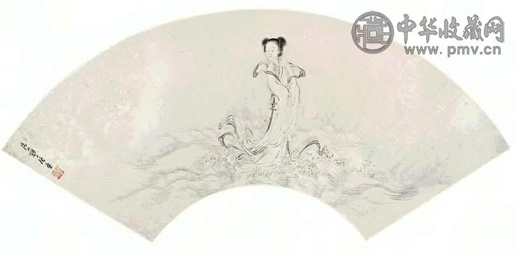 居廉 洛神图 扇面 设色纸本